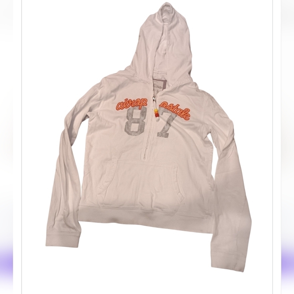 Aeropostale Women's White and Orange Hoodie Sweater Youth L